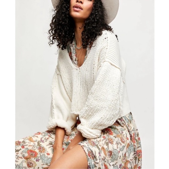 Free People | Cream Sea Bright Big Cropped Sweater Size M - Picture 1 of 9